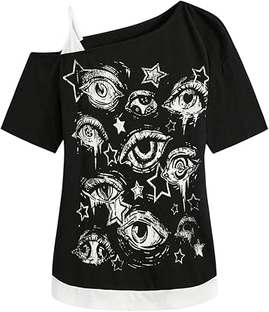 SOLY HUX Womens Gothic Grunge Cold Shoulder Short Sleeve T Shirts 2 in 1 Asymmetrical Tee Tops
