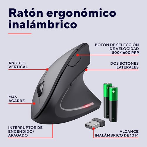 Trust Verto Ratón Vertical, Ratón Ergonómico Inalámbrico 800/1200/1600 dpi, 2.4GHz, Microrreceptor USB, Iluminado, para PC, Ordenador, Laptop, Desktop, Mac, Pilas Incluidas - Negro