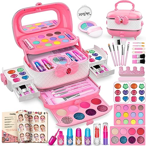 Hollyhi 58Pcs Wirklich Kinderschminke Set, Sicher Waschbar Schminkkoffer Mädchen Schminke Spielzeug, Geburtstag Weihnachten Kinder Make Up Set Mädchen Geschenke 3 4 5 6 7 8 9 10 11 12 Jahre (Pink)