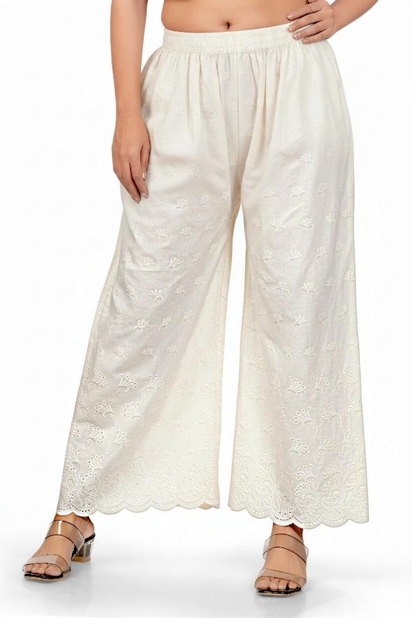 Cotton Palazzo Pants with Floral Eyelet Embroidery, Elastic Waist, Scalloped Hem, Available in Black, White and Off White-picture-35