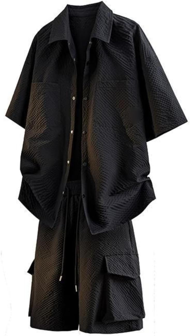 Men's Casual Suits 2 Piece Sets Summer Linen Long Sleeve Button Down Shirt and Shorts