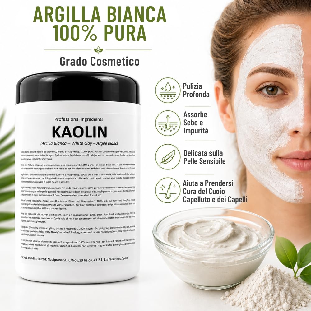 Argilla Bianca di Kaolin | 500 gr | Per la Cura della Pelle e dei Capelli | Esfoliante e Lenitivo | Ringiovanisce, calma e ammorbidisce la pelle