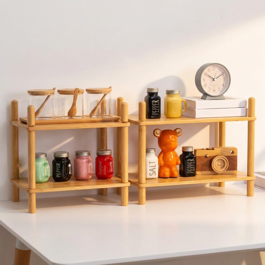 Bamboo Cabinet Organizer Set (2) - Counter Shelf Organizer & Bamboo Organizer Bins Fit, Expandable Cabinet Shelf Organizer for Kitchen Counter/Bathroom - Useful Home & Housewarming Gift(Medium)