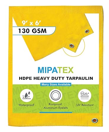Mipatex Tarpaulin Sheet Waterproof Heavy Duty 9ft x 6ft, Poly Tarp with Aluminium Eyelets Every 3 feet - Multipurpose 130 GSM Plastic Cover for Truck, Home Roof, Rain, Outdoor or Sun (Yellow)