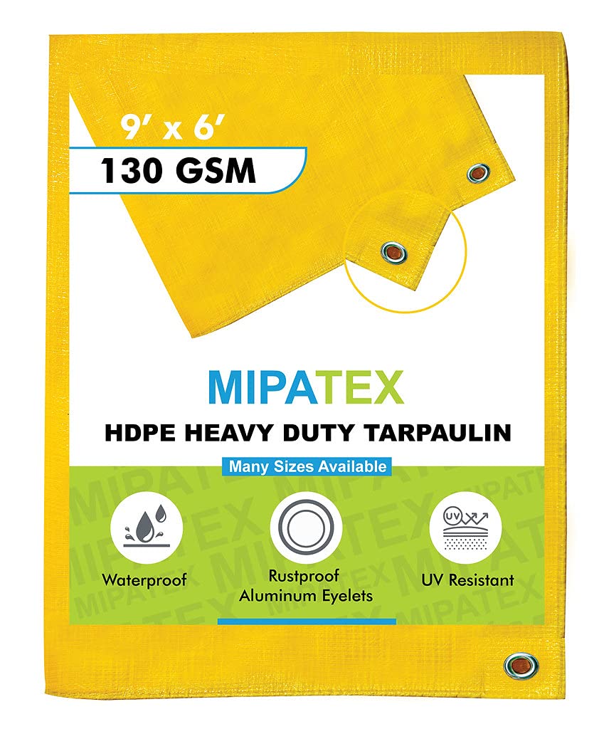 Mipatex Tarpaulin Sheet Waterproof Heavy Duty 9ft x 6ft, Poly Tarp with Aluminium Eyelets Every 3 feet - Multipurpose 130 GSM Plastic Cover for Truck, Home Roof, Rain, Outdoor or Sun (Yellow) (B097T47MQY) Amazon Price History, Amazon Price Tracker