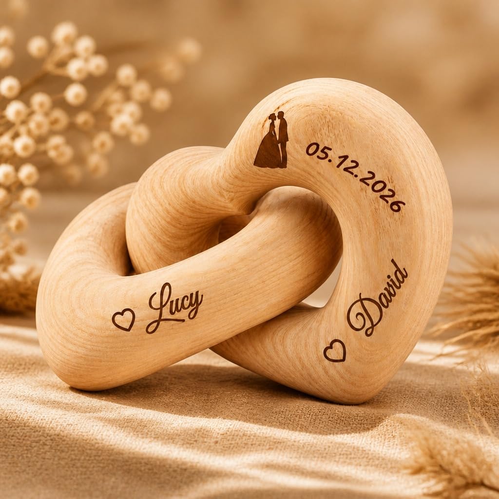 Personalised Wood Interlocking Hearts with Names, Custom Engraved Infinity Heart Sculpture for Couples, 5th Anniversary Wood Gift, Anniversary Wedding Gifts for Him Her, Handcrafted Decorations