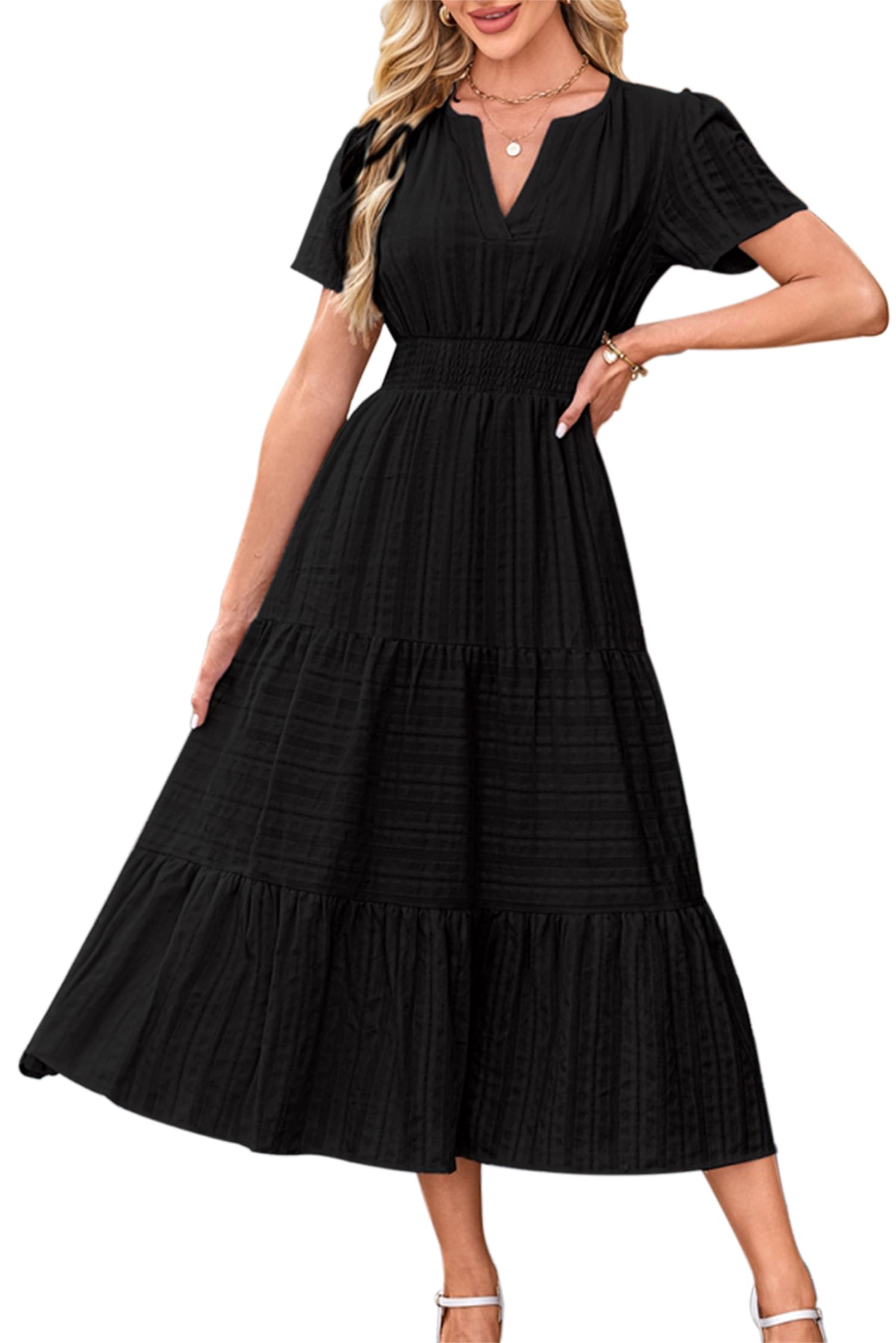 VEVESMUNDO Abito estivo da donna, a maniche corte, in cotone, casual, con scollo rotondo, per il tempo libero, con tasche