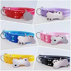 Coleira Para Cães Com Plaquinha de Identificação Personalizada (Azul Pontilhada-G (Plaquinha Ossinho))