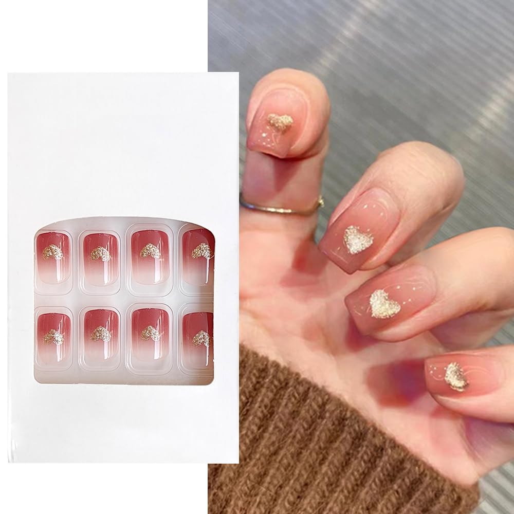 S.A.V.I 24 Pcs Gradient Pink Medium-Length Press-On Nails | Square Fake Nails with Golden Heart Design | DIY Nail Art Kit for Women | Natural Look, Durable | Perfect for Parties & Weddings-image-36