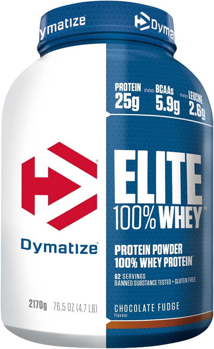 Dymatize Elite 100% Whey Chocolate Fudge 2170g - High Protein Low Sugar Powder + Whey Protein and BCAAs, White, 62 Servings