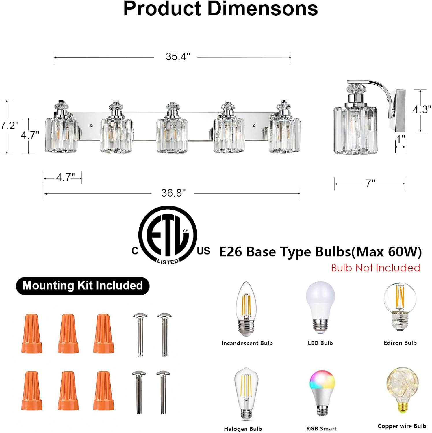 Chrome Bathroom Light Fixtures with K9 Crystal Lampshade Bathroom Lighting Over Mirror Vanity Lights for Living Room,Bedroom,Restroom,Hallway 5 Lights