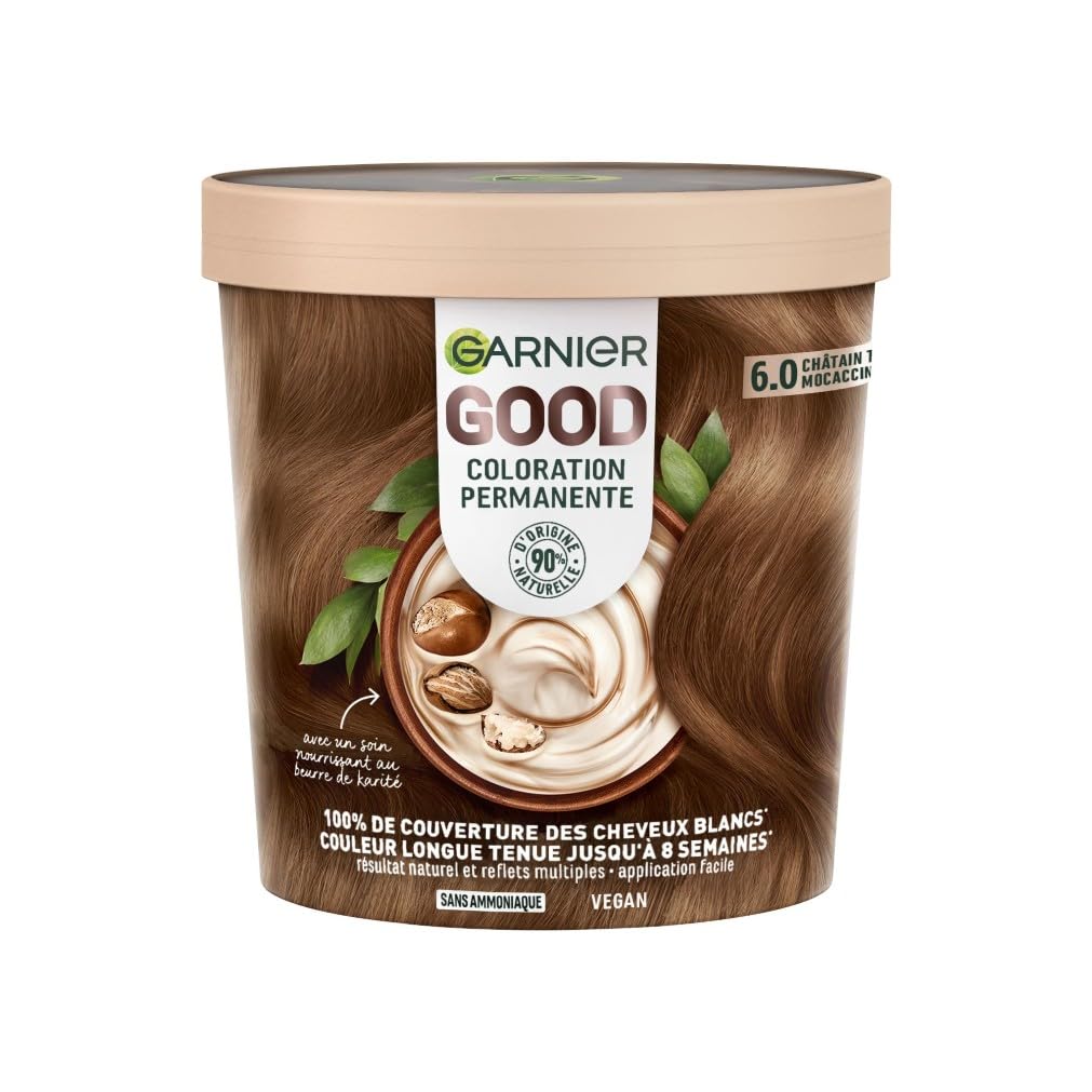 Garnier - Coloration Permanente - Sans Ammoniaque - 90% d'Ingrédients d'Origine Naturelle - Formule Vegan - Beurre de Karité - 100% Couverture Cheveux Blancs - Châtain Très Clair Mocaccino (6.0)- Good