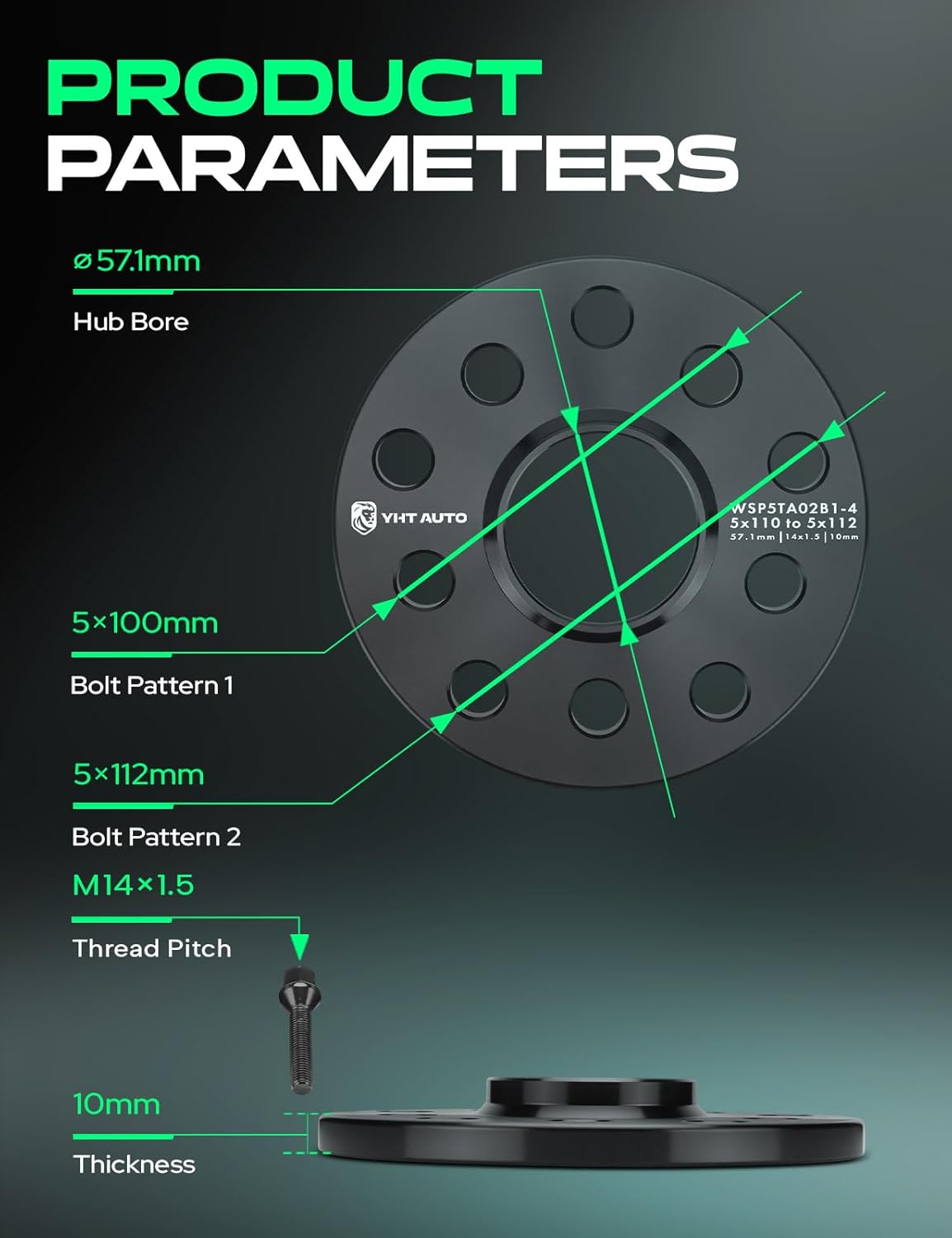 YHTAUTO 5x100/5x112mm Hub Centric Wheel Spacers 10 mm Compatible with Audi, Volkswagen Models, A4, TT, Jetta, Passat, Golf Tire Spacers w/ M14x1.5 Studs, 57.1mm Hub Bore 5 Lug 4PCS Black - Image 4