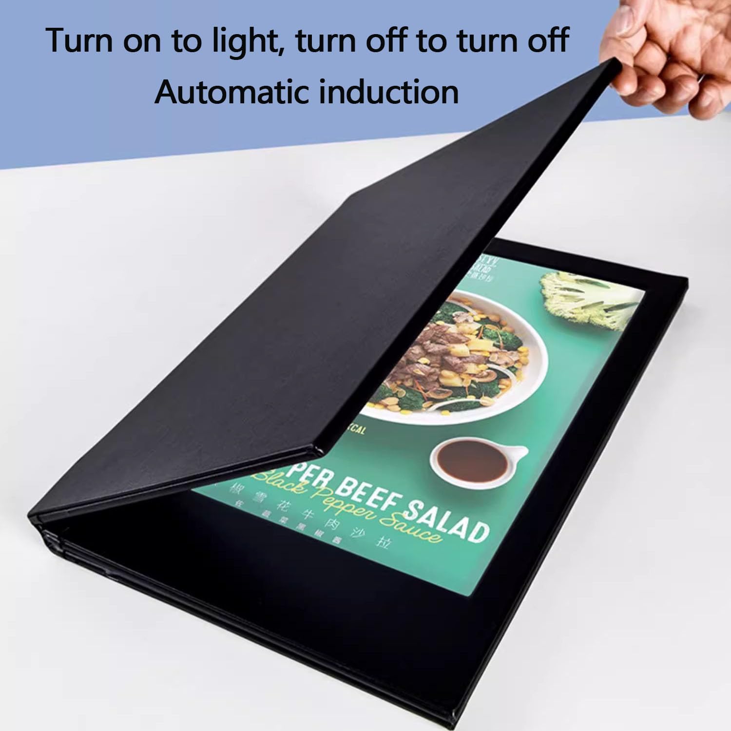 Cubiertas luminosas para menús A4/A5, cubierta transparente con ribete negro, iluminación por ambos lados/inducción automática, con materiales de PU y acrílico, para cafeterías, pubs, bares, discoteca