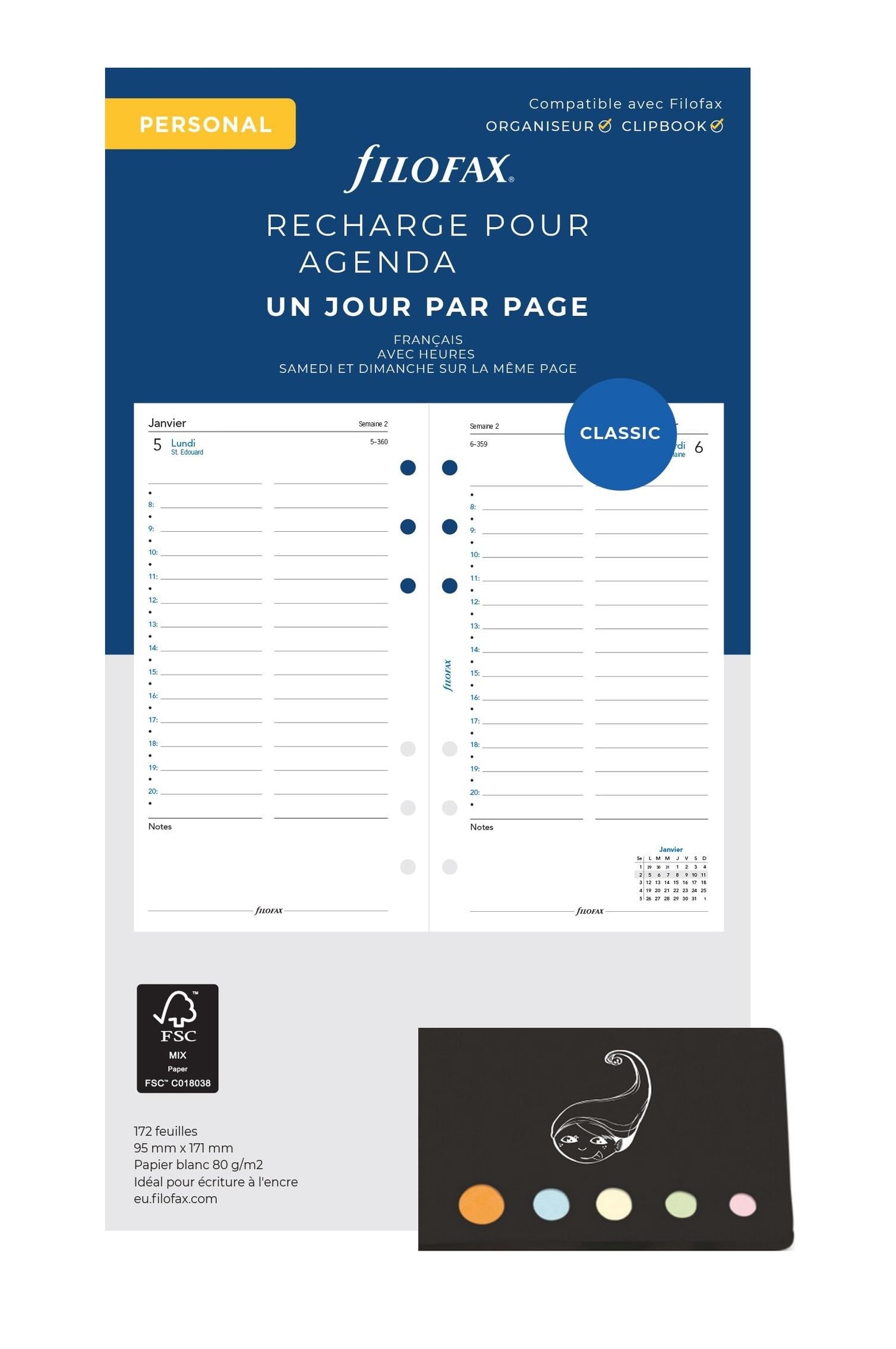 Lot Filo Recharge Civile 2027 Personal Français 1 Jour par Page Compatible Filofax + Index Adhésif