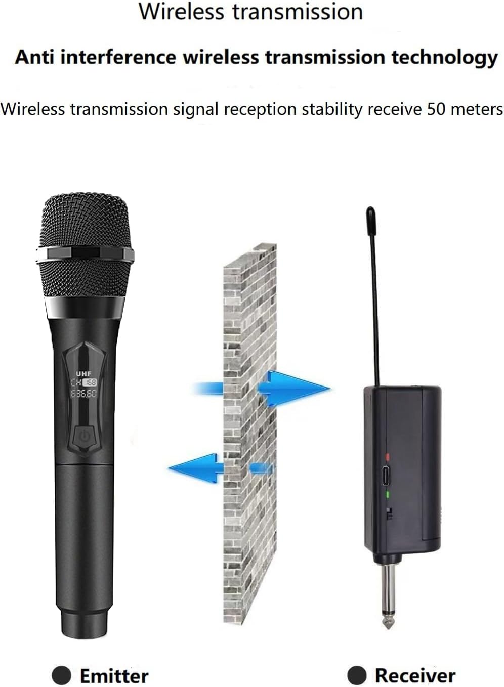 Wireless Microphone Only for Mic Input, UHF Rechargeable Handheld Multipurpose Mic,(Work 10hs) Microphones 150ft Range for Machine Amplifier Speaker Karaoke Church Speech Wedding Singing (Black)