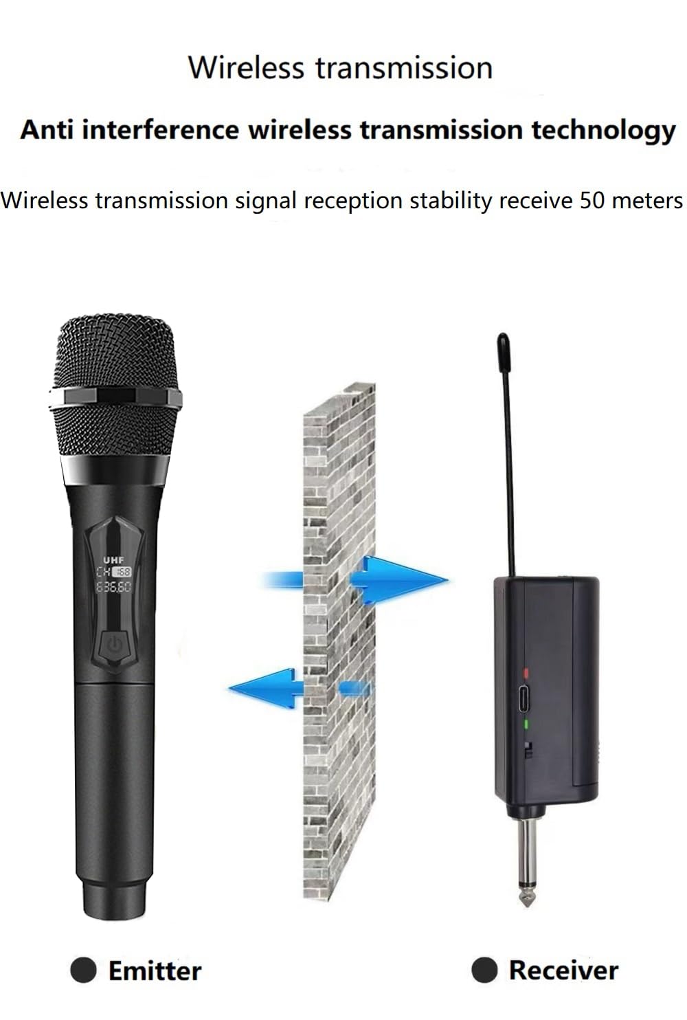 Microfono wireless solo per ingresso microfono, microfono UHF multiuso portatile con ricevitore ricaricabile (lavoro 4 ore) portata 34,7 m per amplificatore, altoparlante, mixer, karaoke, chiesa,