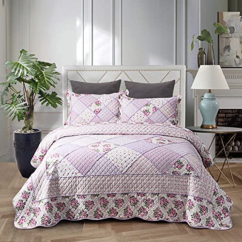 Xslive Quilt Set Queen Size,3 Piece Floral Printed Checked Lightweight Egyptian Cotton Reversible Coverlet Bedspread Set Bedding For All Season,1 Quilt And 2 Pillow Shams,(Queen,Purple) #TOP1