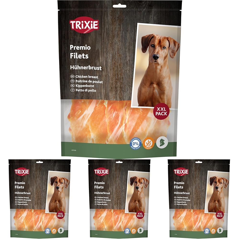 TRIXIE Hundeleckerli Premio Hunde-Chicken Filets 1kg - Premium Leckerlis für Hunde glutenfrei - ohne Getreide & Zucker, schmackhafte Belohnung für Training & Zuhause - 31528 (Packung mit 4)