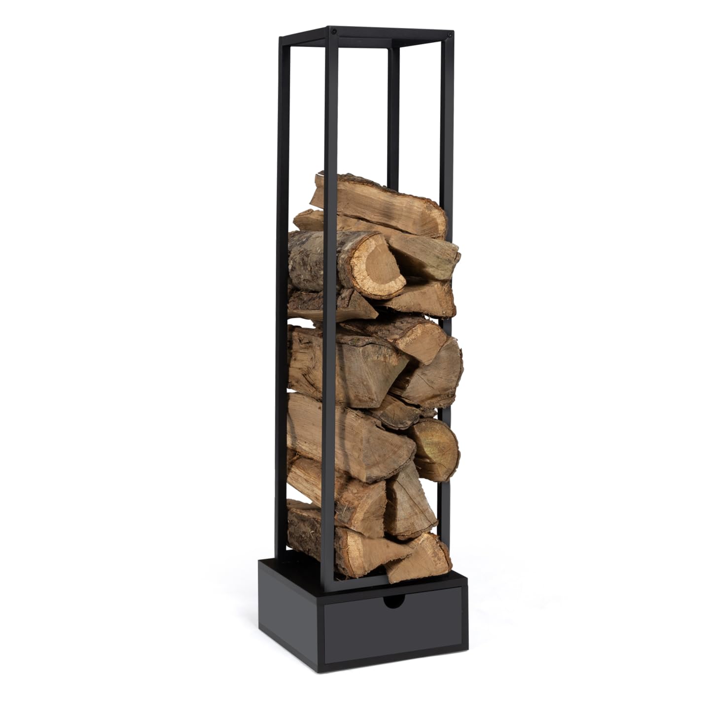 IDMarket - Range bûches Vertical Acier Noir H. 125 CM avec tiroir pour cheminée