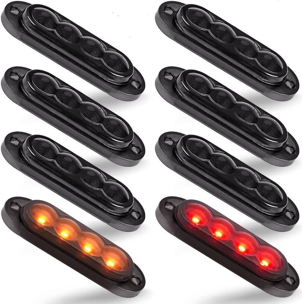 VL.VICTOR 8pcs Oval Led Trailer Side Marker Light 3.38'' Clearance Identification Lights Surface Mount for RV Trailer Truck Front Rear Little Boat Camper (4Amber + 4Red with Smoke Lens), (VL-400-S)