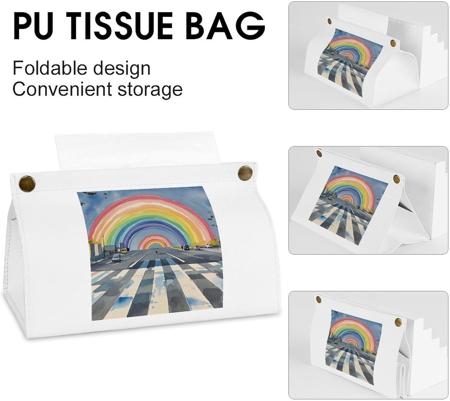 Decorative PU Tissue Paper Holder Decorate Rainbow Printed Tissue Box Cover Napkin Tissues Organizer Home Decor for Bathroom Night Stands Desk Car Dining Table image 4