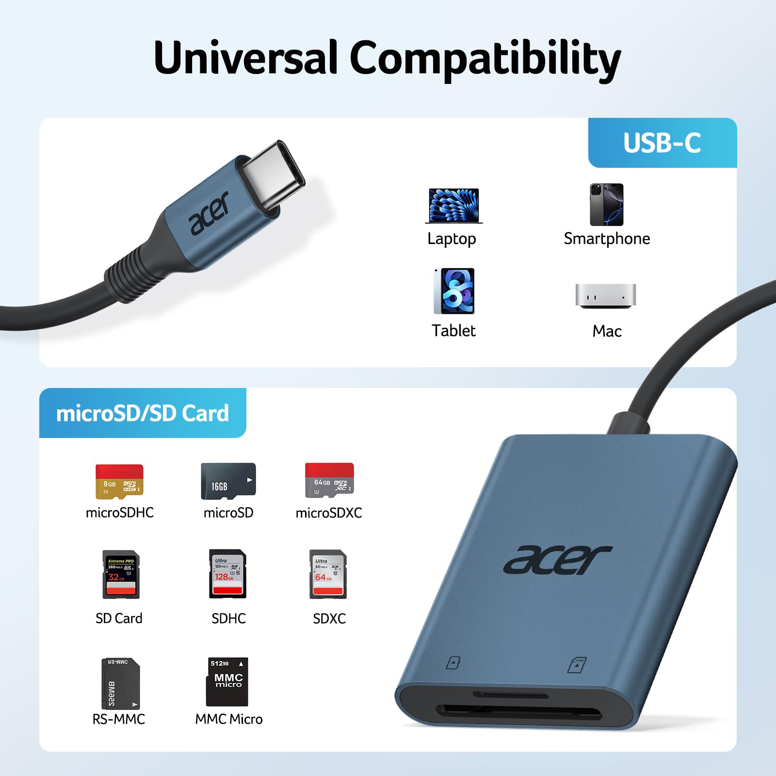 Acer USB-C SD Card Reader, High Speed Type-C Micro SD Card Adapter, USBC External Memory Card Reader SDXC, Micro SDXC Card, Compatible with MacBook Pro/Air, Acer Laptop, iPhone 16, Camera - Blue — view 7
