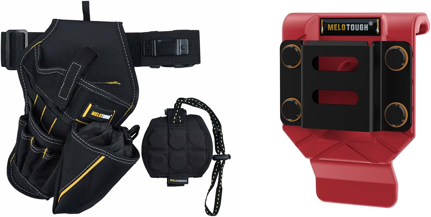 MELOTOUGH Right Handed 3-in-1 Drill Holster Combo with Magnetic Wristband,Tool Belt Drill Holder with Bit Pouch,Drill Belt Clip,Drill Holder for Tool Belt,Drill Holster,Measuring Tape Holder