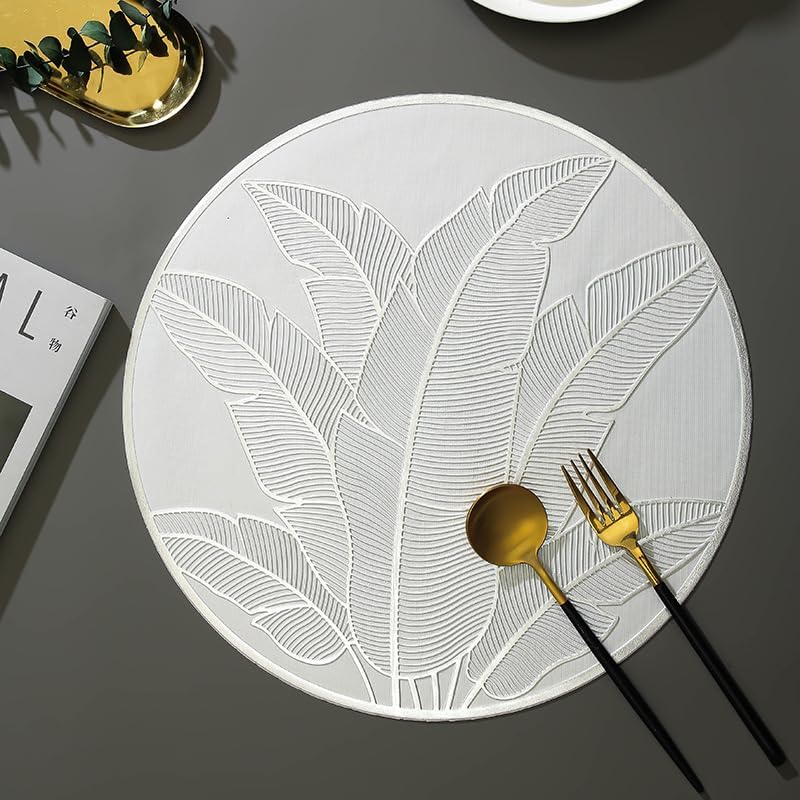 Image of HomeCloud PVC Material Round Shape Table Mat, Dining Table Mat,Table Placemats, Round Mats,Best for Bed-Side Table /Center Table, Dining Table /Shelves (Leaf Let Silver, Set of 6)