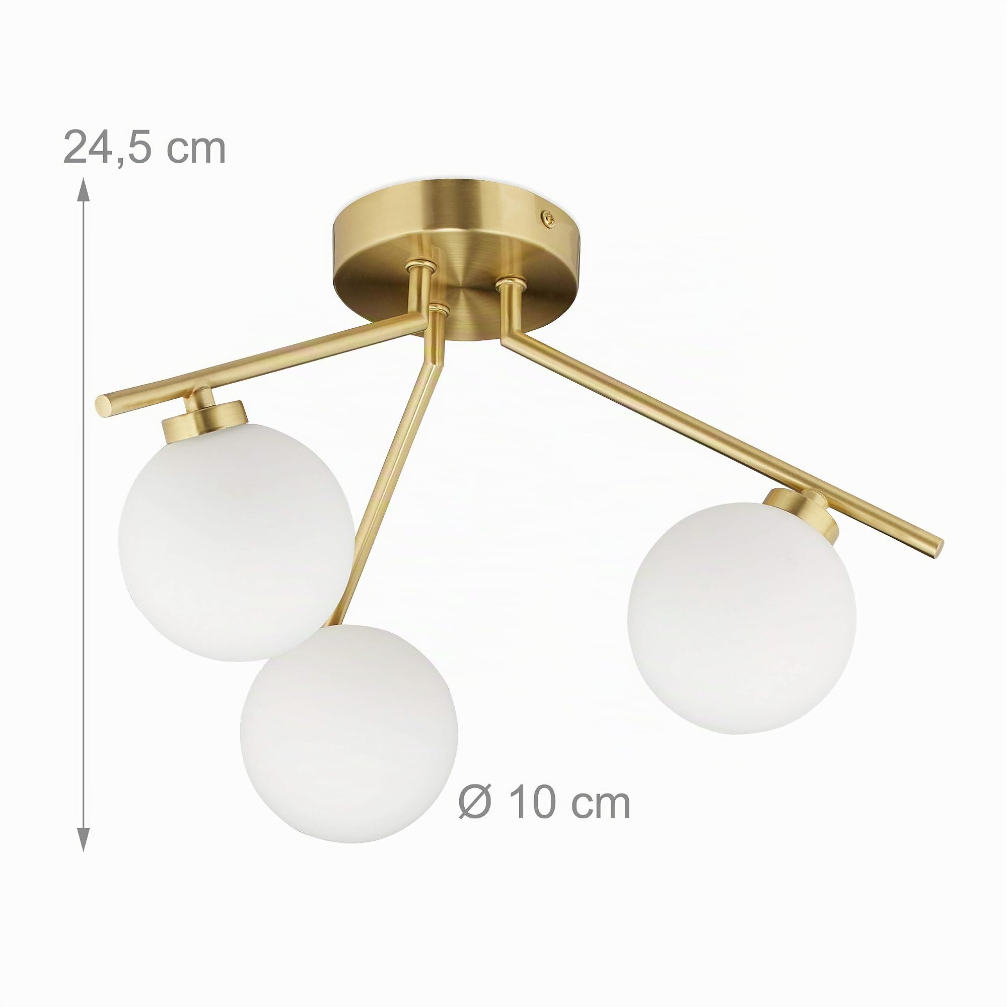 Relaxdays Lámpara de techo GLOBI, Tres focos, G9, Esferas de cristal opalino, 24,5 x 36 cm, Dorado