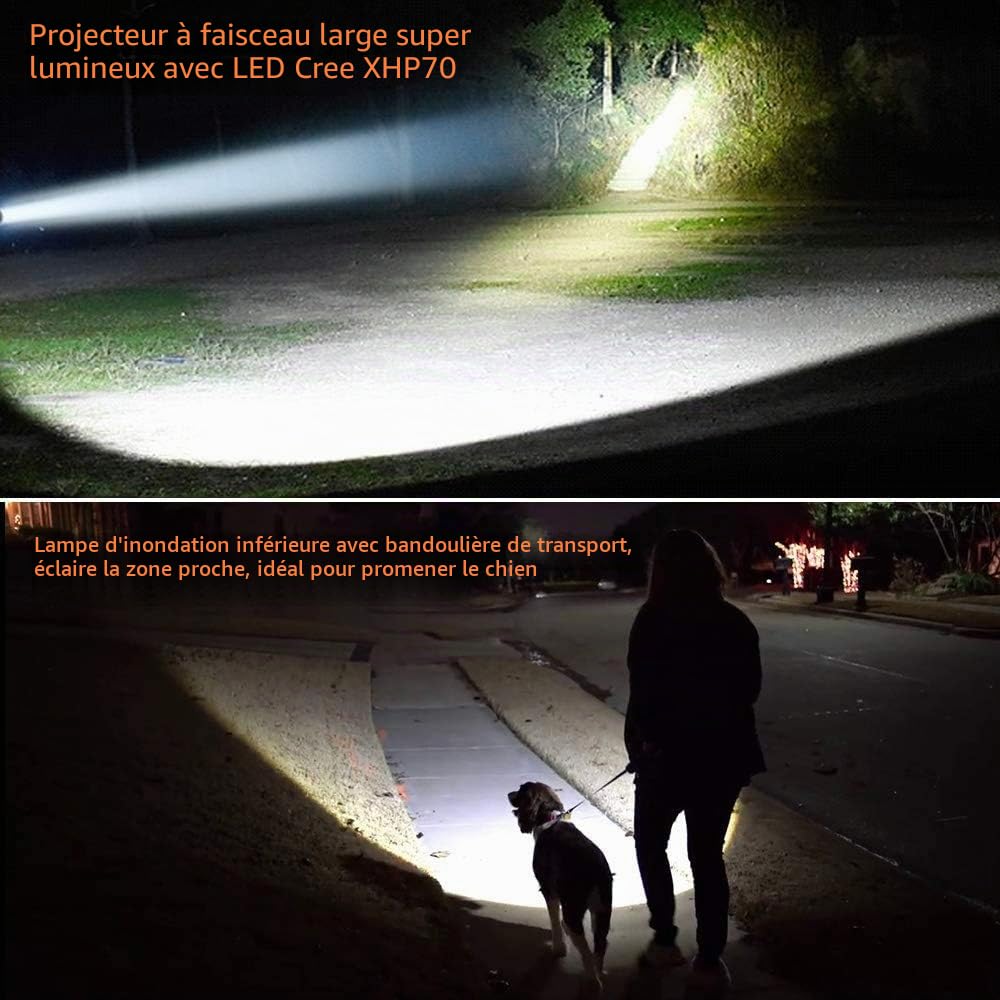 Lampe Torche Lampe de Poche LED Ultra Puissante Rechargeable Grande Batterie 10000mah Super Brillante Haute 6000 Lumens Longue Portée, pour Ménage Camping Urgence