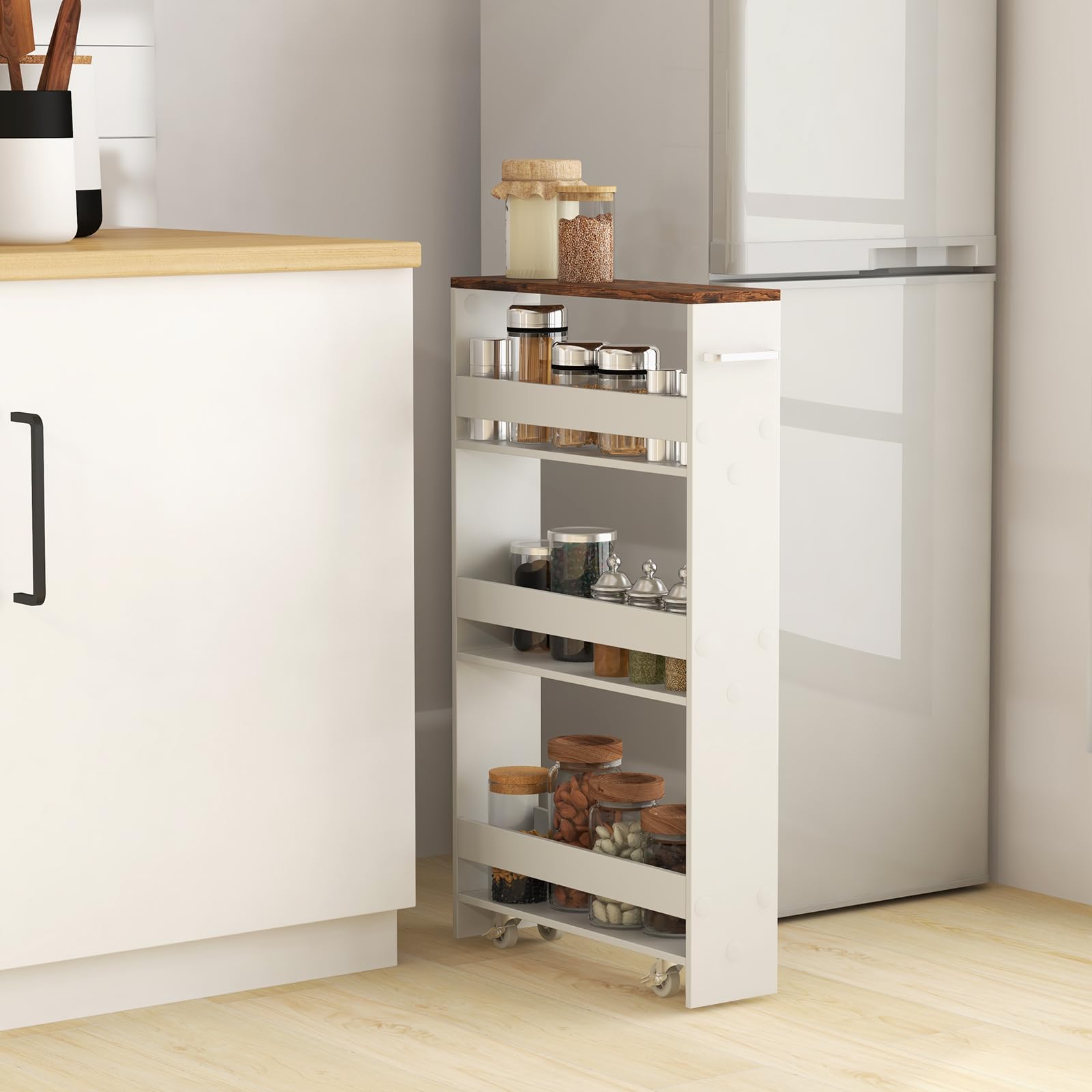 GYMAX Carrelli Portaoggetti a 4 Ripiani, Carrello con Ruote Salvaspazio con Maniglia, Carrello a Scaffale Slim Stretto in Legno per Cucina, Bagno, Lavanderia, 47,5 x 13 x 80,5 cm (Bianco+Marrone)