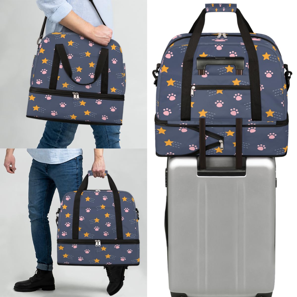 Bolsa de viaje plegable con estampado de estrellas de patas, bolsa de fin de semana de 47 litros con funda de carrito para deportes gimnasio viajes, multicolor, 47L, Bolsa de viaje