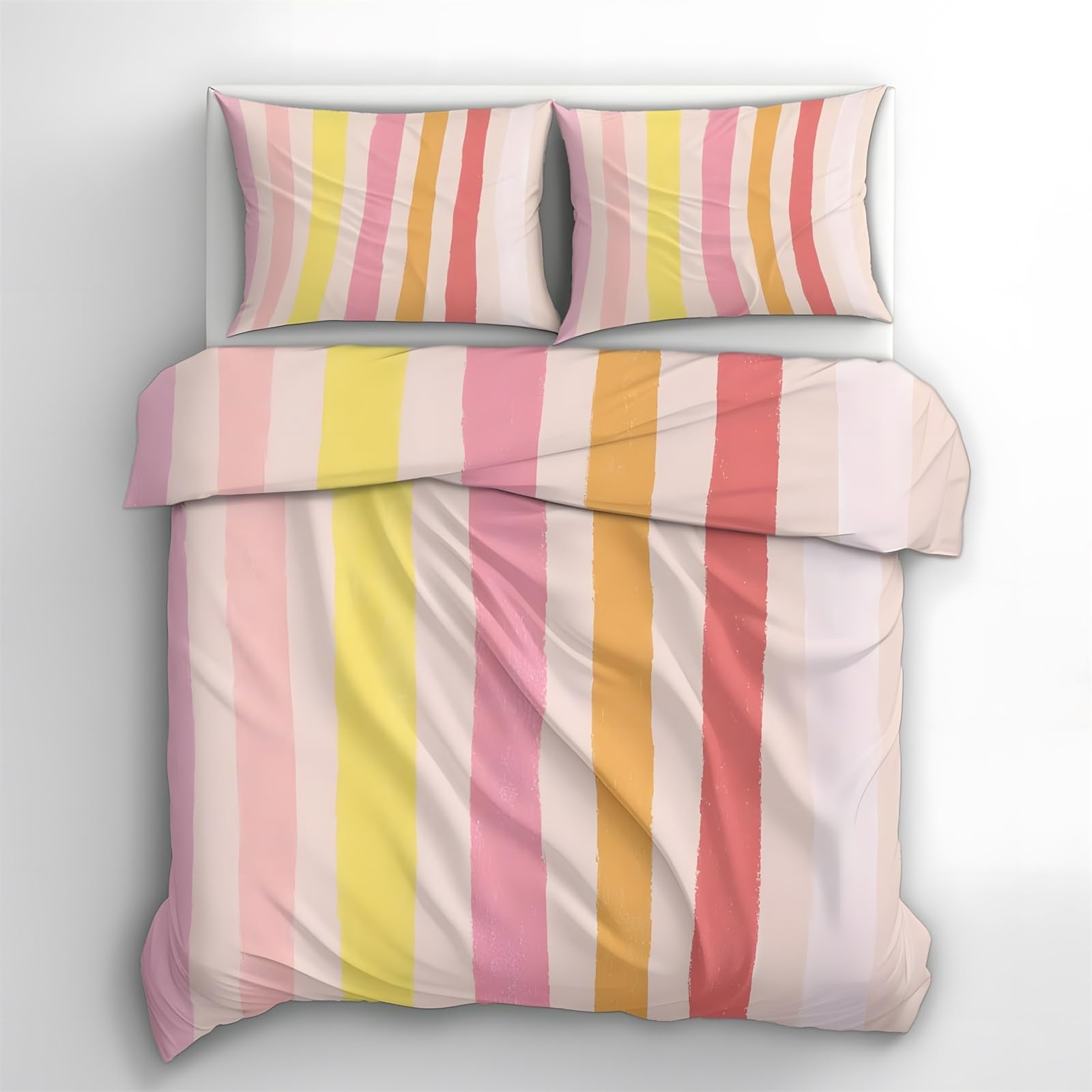 Ypthriline Small Single Duvet Cover Set Stripes Bedding Set Microfiber Pink Yellow Duvet Covers with Pillowcases Reversible Bedding With Zipper Closure 120x150CM