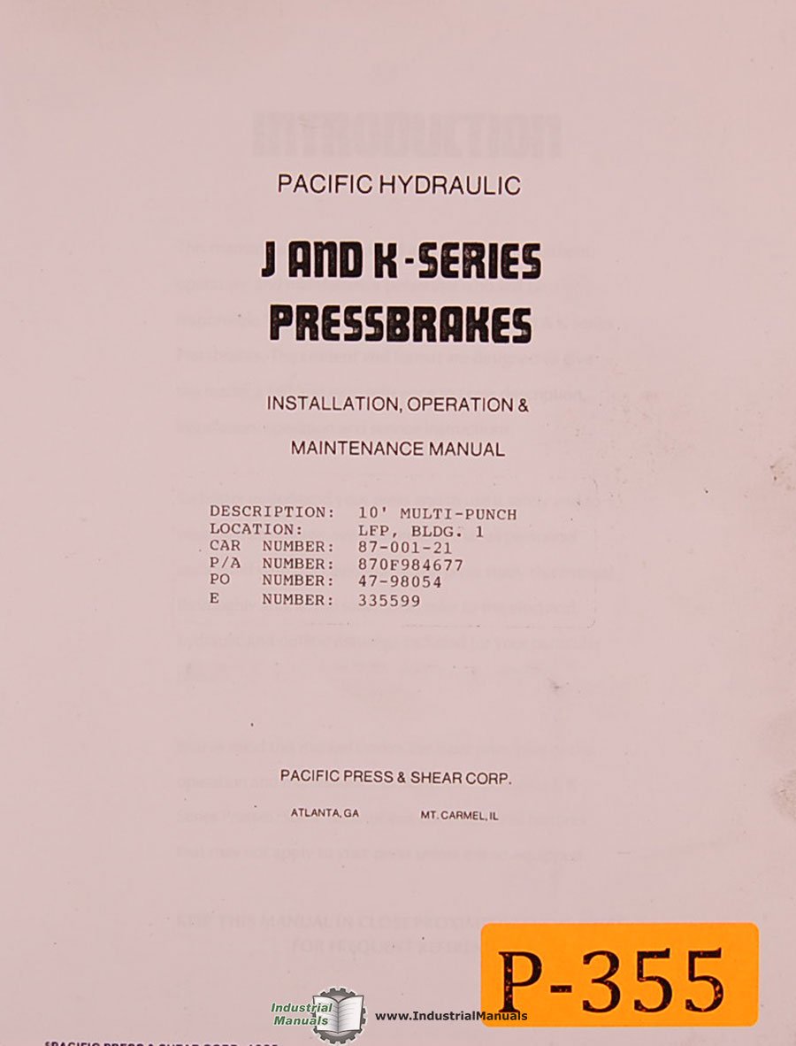 Pacific J and K Series Press Brakes Operations, Installation, and Maintenance Manual