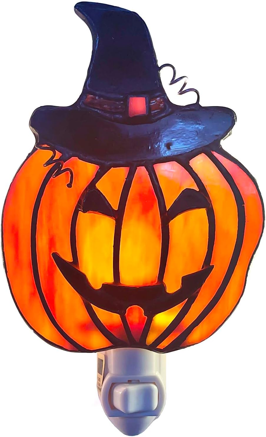 Bieye L13009 Pumpkin Night Light, Tiffany Style Stained Glass Plug-in Wall Lamp with Witch Hat, Handmade Halloween Jack-O’-Lantern Nightlight, 1 x E12 LED Bulb Included, 4.1" W x 6.7" H