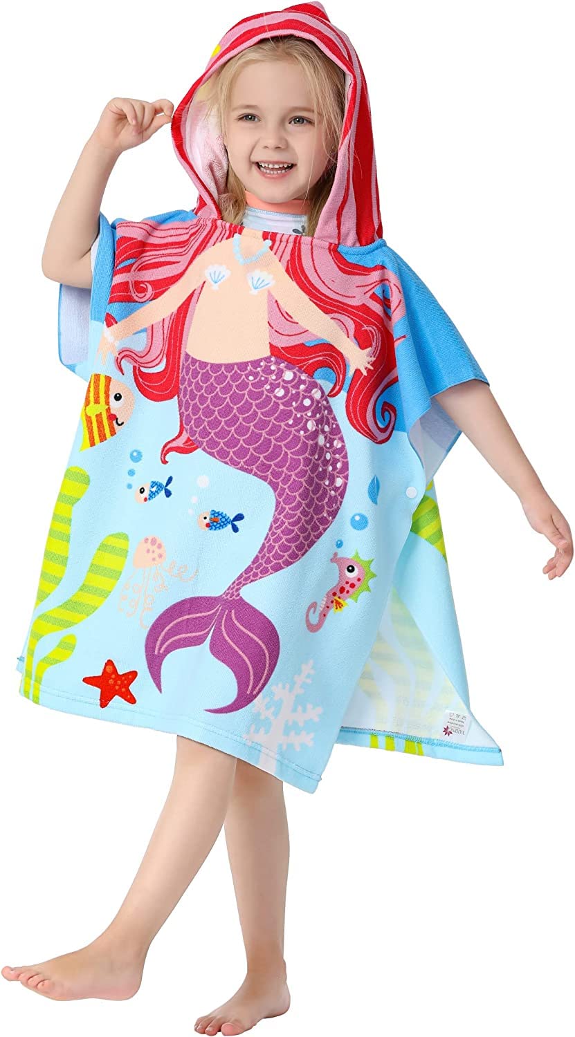 Kids Bath Towel for 1-6 Years Toddler, 1Pcs Kids Hooded Towel, Microfiber Bath Towel Super Soft Robe Poncho Bathrobe, Boys Girls Swimming Beach Holiday Water Playing Pool Bath Coverups (3D Mermaid)
