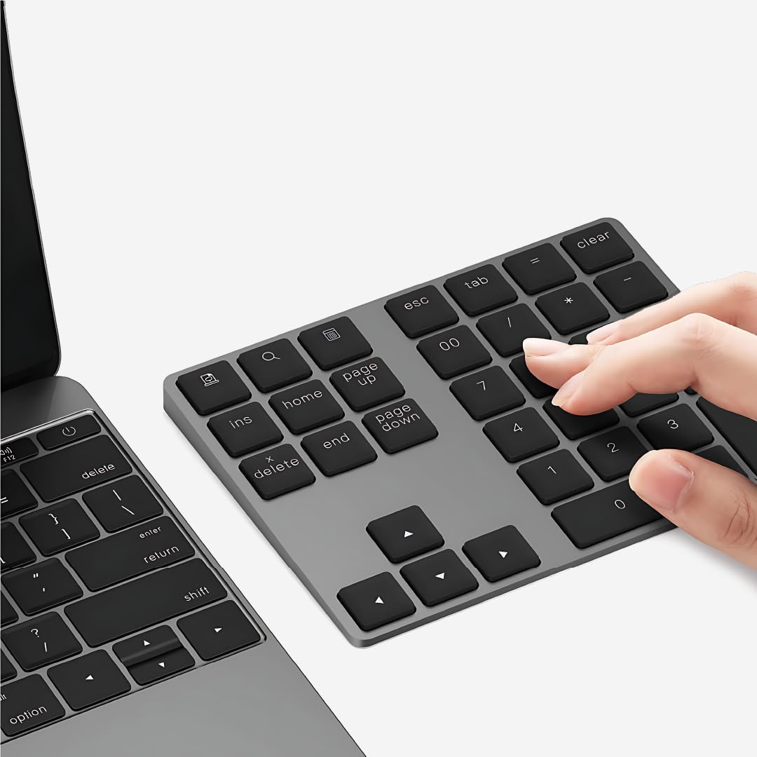 USB-C Bluetooth Numerische Ziffernblock – Kabelloses NumPad, Wiederaufladbare Numerische Tastatur für Laptop, Tablet, iPad, MacBook, Windows, Grau (Space Gray)
