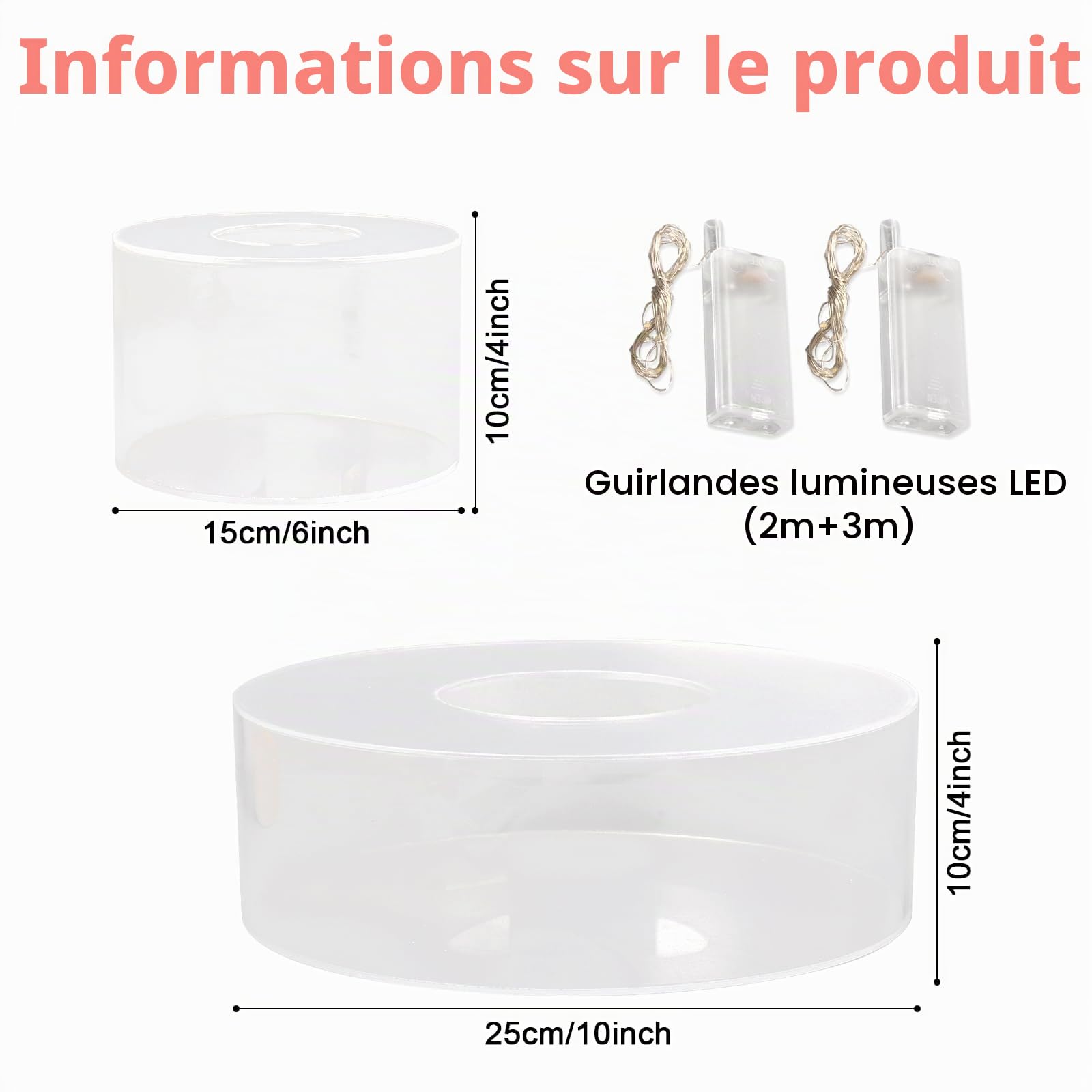 Présentoir à Gâteau 3 Etages en Acrylique Remplissable, Présentoir à Gâteau en Acrylique avec 2 Lumières LED, Plateau à Gâteaux Rond Transparent Remplissable pour Anniversaire, Mariage et Fête