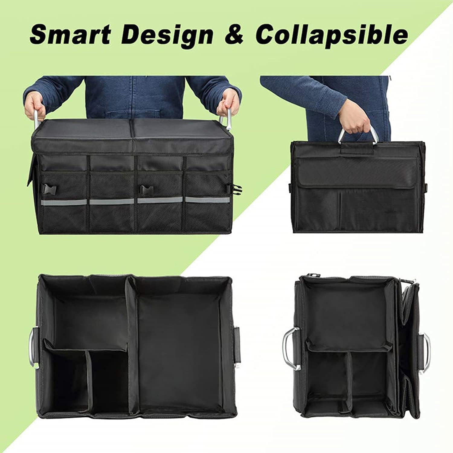Organiseur de coffre de voiture | Sac de coffre pliable étanche pour presque toutes les voitures : camion, véhicule, SUV, van | 58 cm x 40 cm x 30 cm | Noir