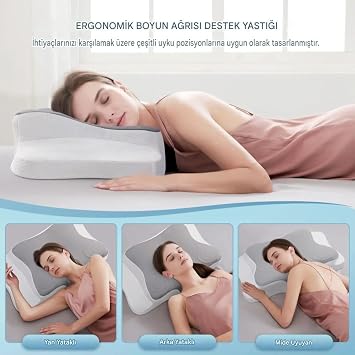 Premium Yeni Nesil Ortopedik Boyun Yastığı – Konturlu Tasarım, Visco Hafızalı Köpük Teknolojisi, Ergonomik Boyun ve Omuz Desteği, Serinletici ve Kokusuz Yapı, Yan ve Sırtüstü Uyku (Beyaz Acık Gri)