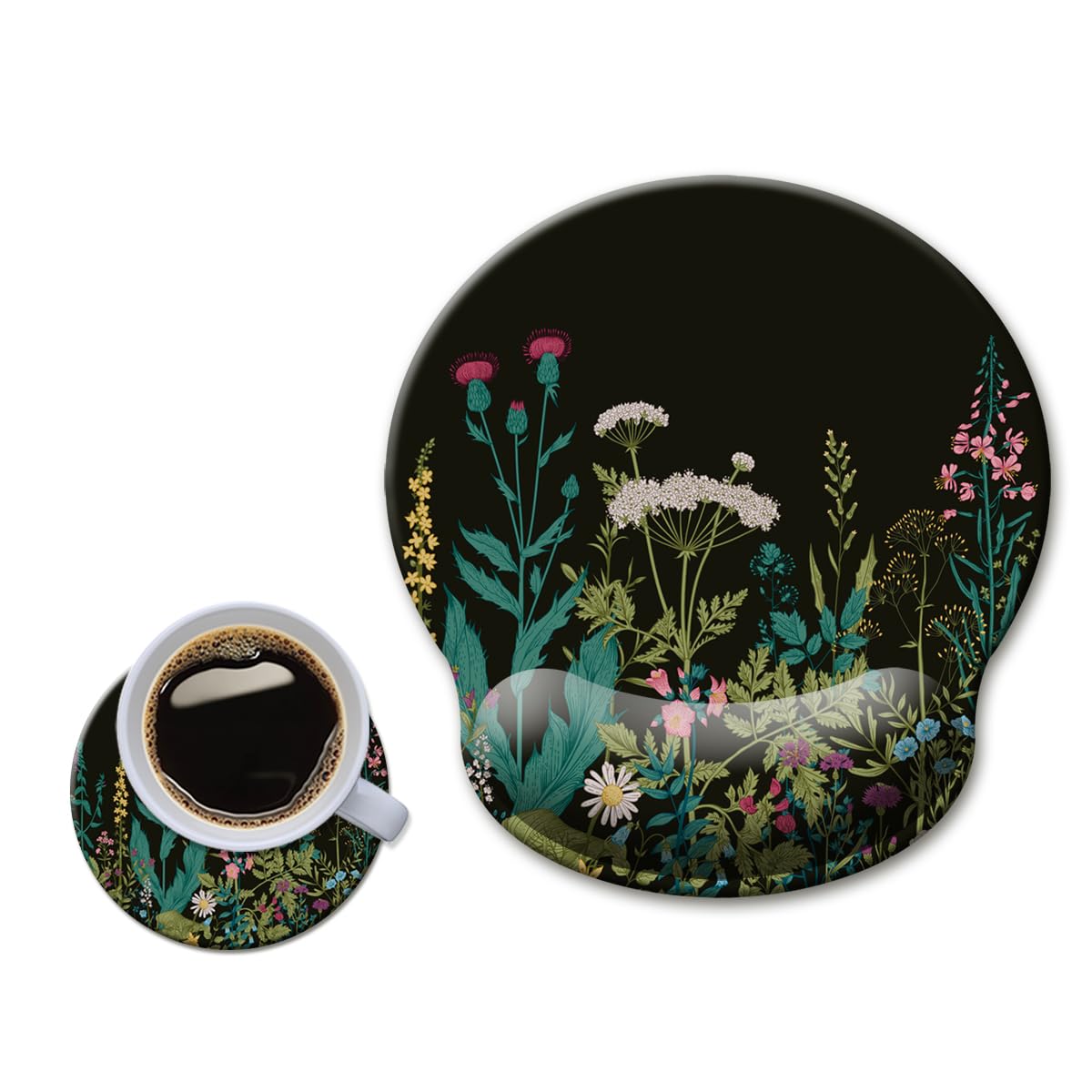 HOPONY Ergonomic,Wrist Support Mouse Pad with Wrist Rest,Comfortable Computer Mouse Pad for Laptop,Pain Relief Mousepad with Non-Slip Rubber Base,9 x 10 in,Flower Black