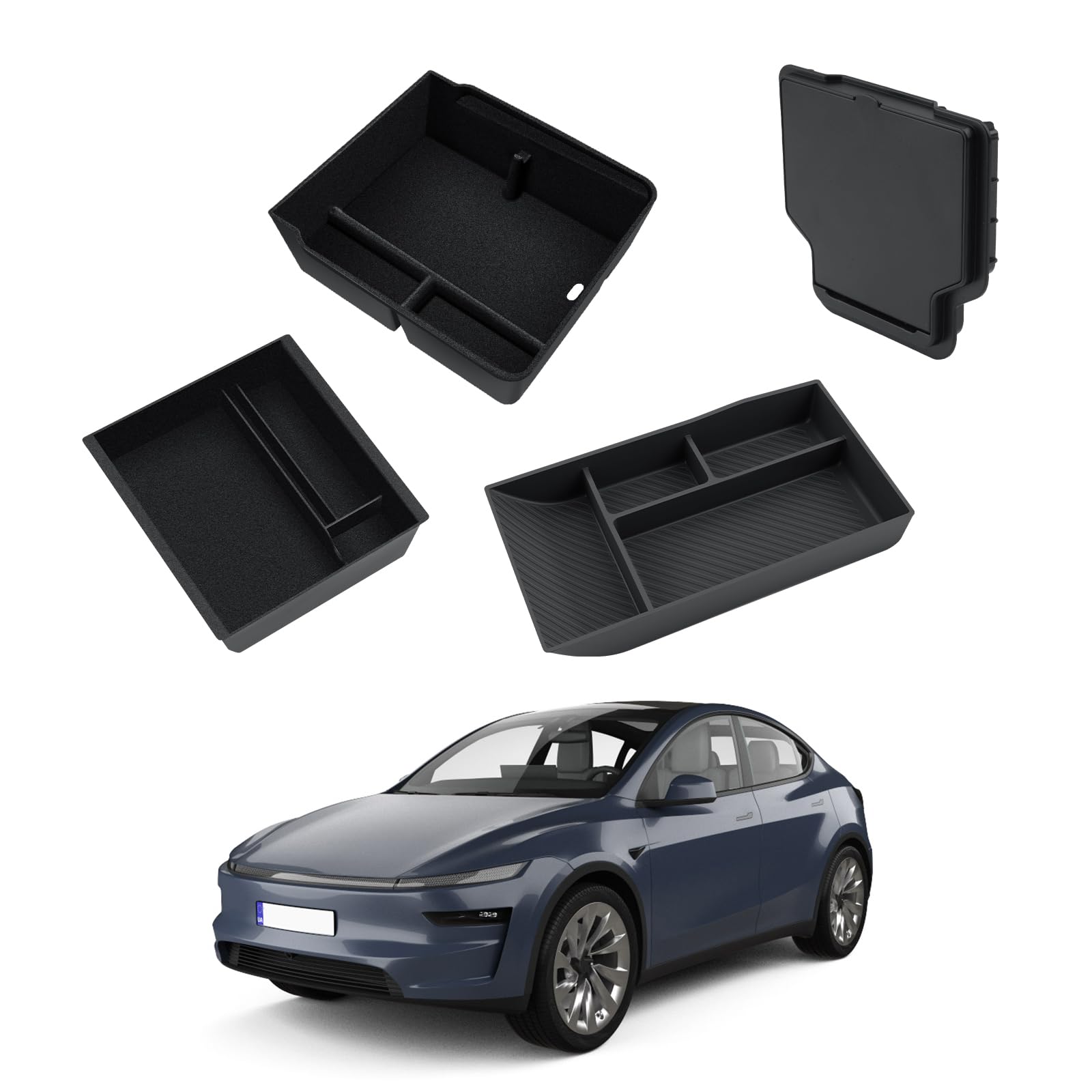 ECOZEN 4PCS Tesla Model Y 2025 2026 Juniper Organizer Consolle Centrale organizer per sotto la console centrale Vano portaoggetti nascosto Vassoio portaoggetti per bracciolo(floccato) ModelY Accessori