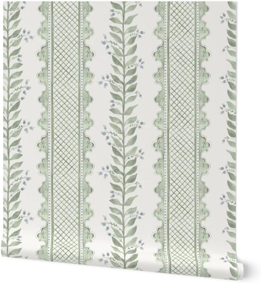 Removable Wallpaper 3ft x 2ft - Sage Green Stripe Botanical Watercolor Garden Grandmillenial Custom Pre-Pasted Wallpaper by Spoonflower