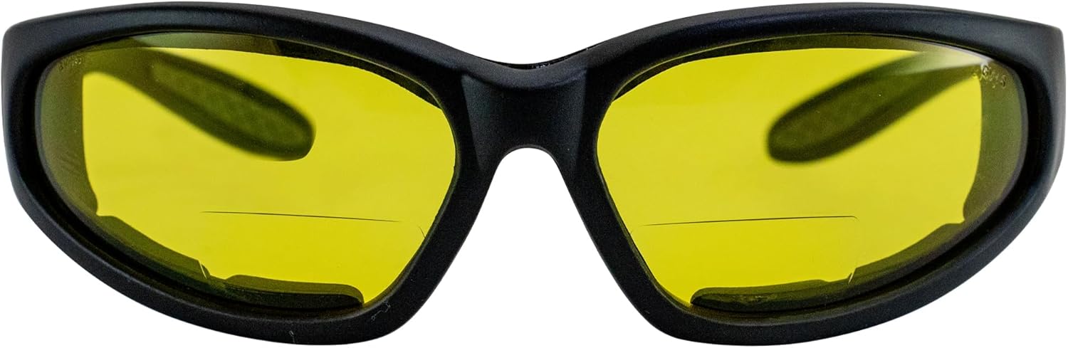 Global Vision Hercules Bifocal Motorcycle Safety Glasses Sunglasses 2 Pairs Padded Blk Frames Smoke, Yellow Lenses +2.0 Z87.1