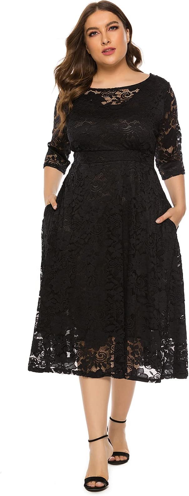 IMEKIS Plus Size 3/4 Sleeve Floral Lace Cocktail Dress for Women Sexy Scoop Neck Evening Party Wedding Guest Formal Midi Dress with Pockets Black 3X-Large