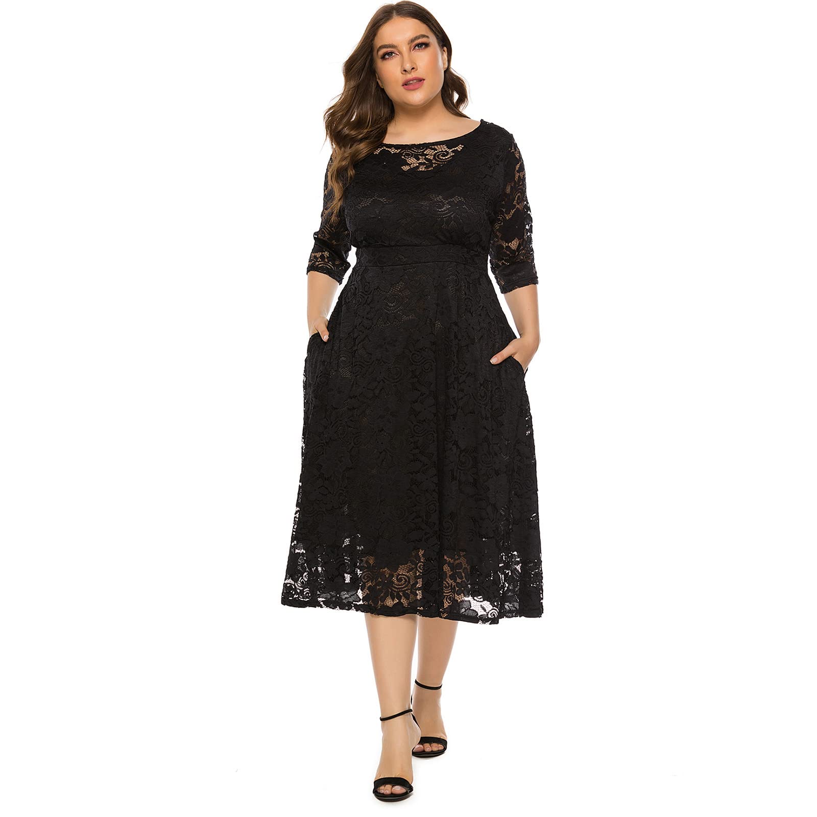 Odizli Abito da donna, elegante, con maniche a 3/4, in pizzo, per matrimoni, feste, da sera, taglie forti