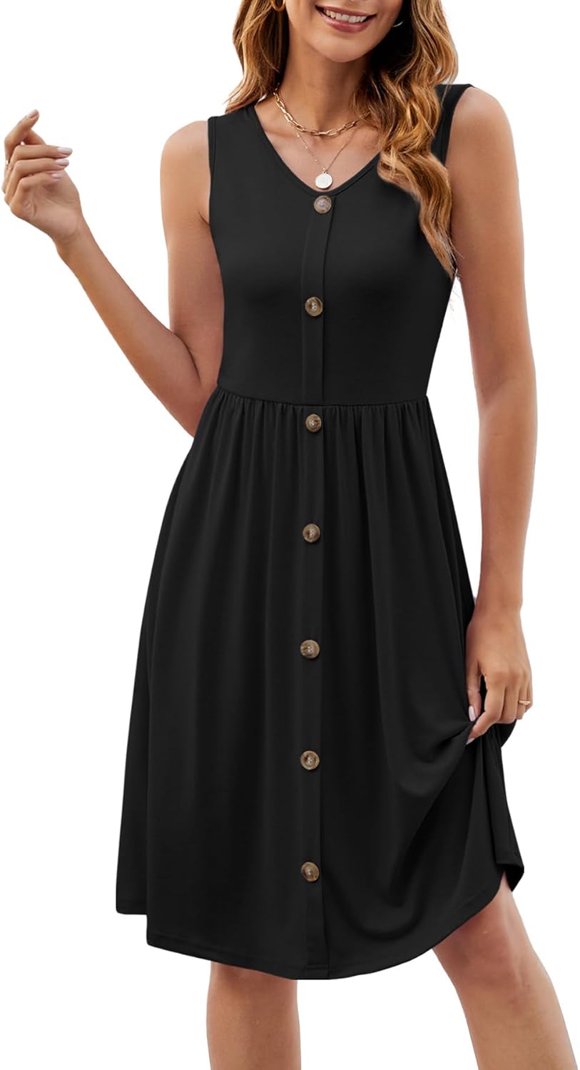 KUOTAI Womens Summer Dresses Sleeveless Casual Loose Swing Button Down Midi Dress V-Neck Flowy A-Line Sundress