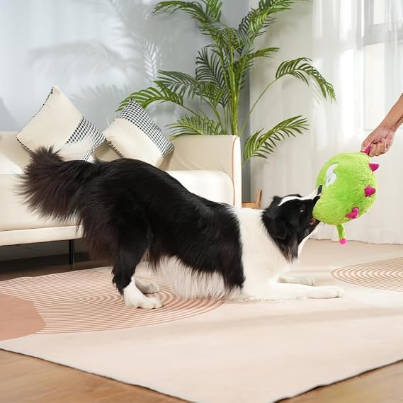 Hero Chuckles Ball Plush Dog Toy - Dog Squeaky Toys - Durable Ball with 3 in 1 Squeaker, Monster Green