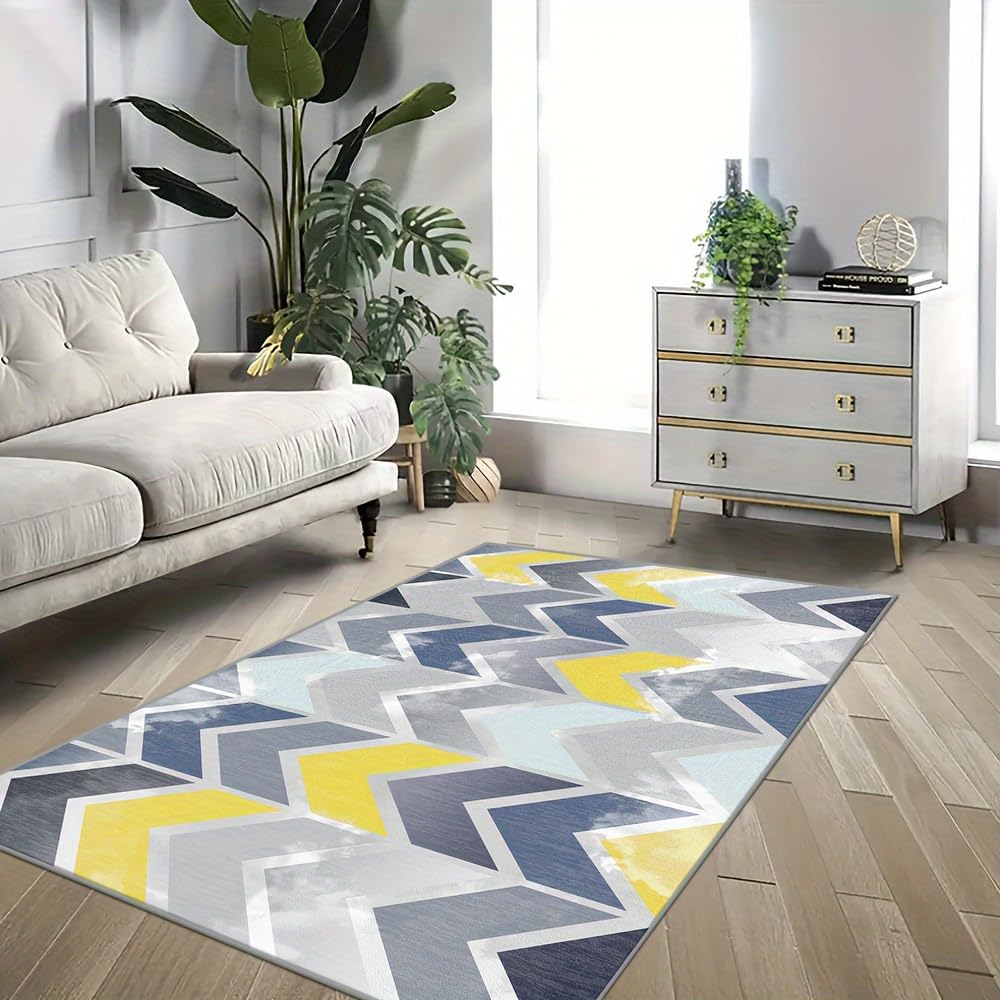 Gray, Yellow and Blue Geometry Area Rug Floor Mat Non Slip 2'x 3'Modern Carpet Yoga Rug for Bedroom Living Room Sofa Entryway Home Decor
